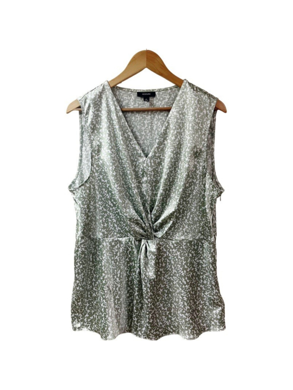 ALFANI Satin Twist Front Top X-Large Sage Green Abstract Office Chic Casual NEW